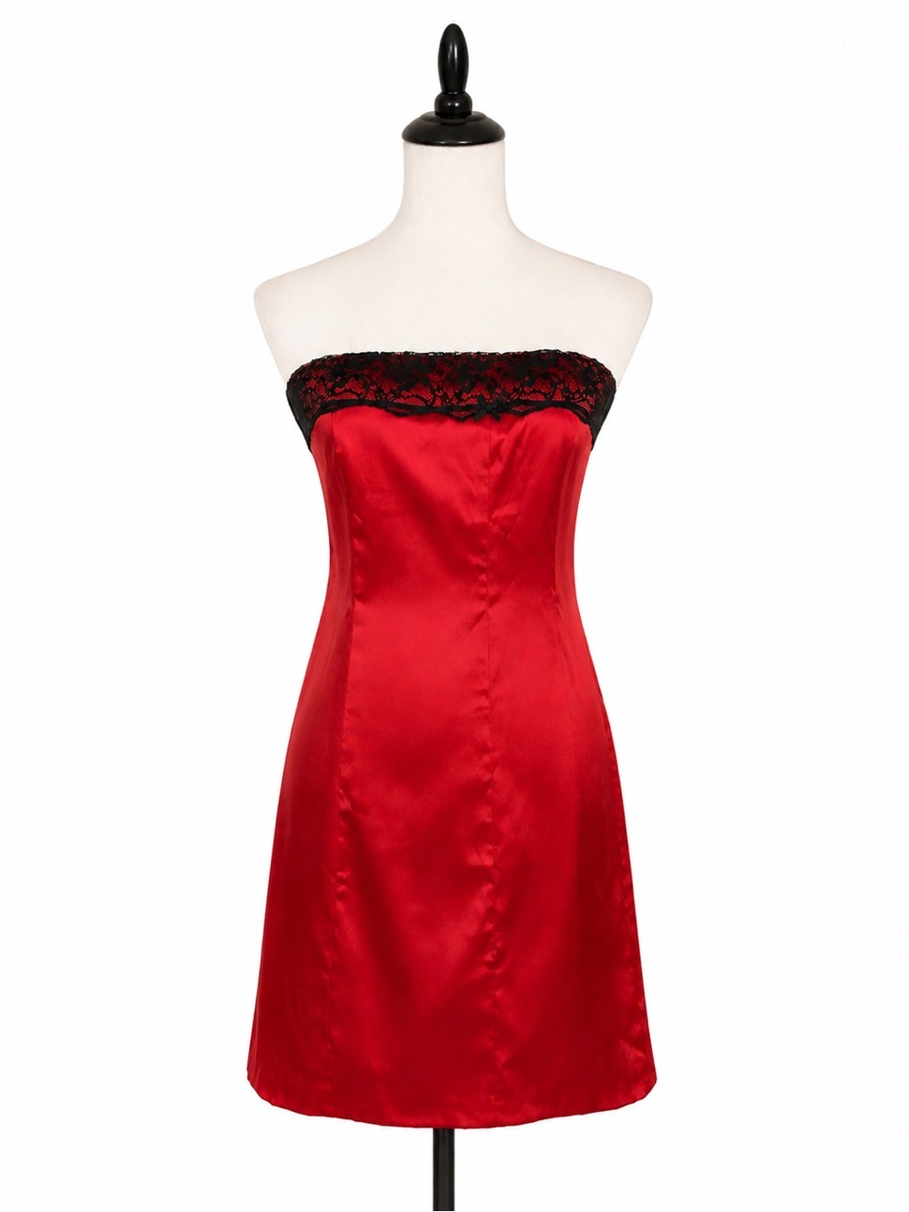 Vintage Orsay Red Satin & Black Lace Strapless Mini Dress Whimsigoth Y2K Goth 36